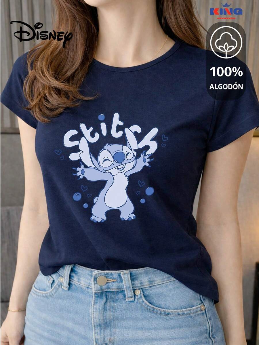 This High-Quality 100% Cotton T-Shirt Guarantees Exceptional Softness To The Touch, A Round Neck With A "Disney Stitch Joy" Print, And Short Sleeves. - 藏蓝色 - 查看 1