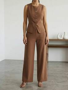 Conjunto de 2 piezas, traje de mujer de 2 piezas, chaleco sin mangas elegante con botones y pantalón talle alto pierna amplia, conjunto sofisticado ideal para oficina, eventos formales y looks modernos - Café integral - Ver 9