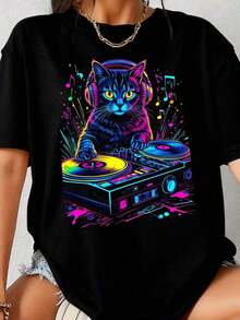 Men's Pure Cotton T-Shirt With Cat Graphic Design, DJ Techno EDM Rave Style, For Cat Lovers - Black 2 - View 8