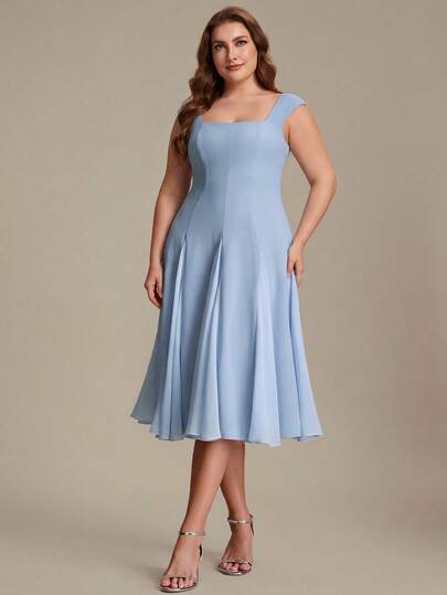EVERPRETTY Đầm dạ hội trang trọng thanh lịch dành cho phụ nữ cỡ lớn, không tay, cổ vuông, dáng midi xòe.