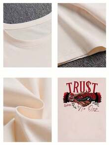 Camiseta Casual de Verano para Mujer, 1 Pieza, Camiseta Estampada con Diseño de Serpiente "No Confíes en Nadie", Simple y Elegante, Camiseta de Algodón Grueso - Albaricoque - Ver 4