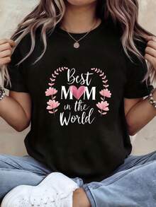 Camiseta de Mujer "La Mejor Mamá" - Camiseta de manga corta y cuello redondo con estampado de corona y letra en forma de corazón, con la frase "La Mejor Mamá", adecuada para uso casual en primavera/verano, un regalo para el Día de la Madre, cumpleaños y atuendos cotidianos. - Negro - Ver 6