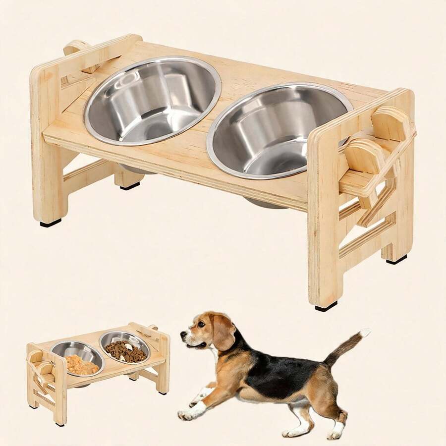 可调节高度和角度的犬猫喂食器，带倾斜功能，高脚宠物食品分配器，配有2个不锈钢碗、木质底座、防溢设计，适合小型犬猫，碗易于清洁。