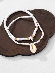 2pcs Fashionable & Elegant Starfish & Shell Beaded Anklet Set - White - View 2