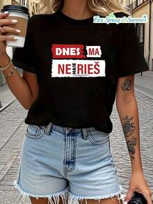 Women's T-Shirt With "Slovak Do Not  With Me Today" Letter Print, Short Sleeve, Round Neck, Casual Style For Summer And Spring, Women's Clothing - 黑色 - 查看 1