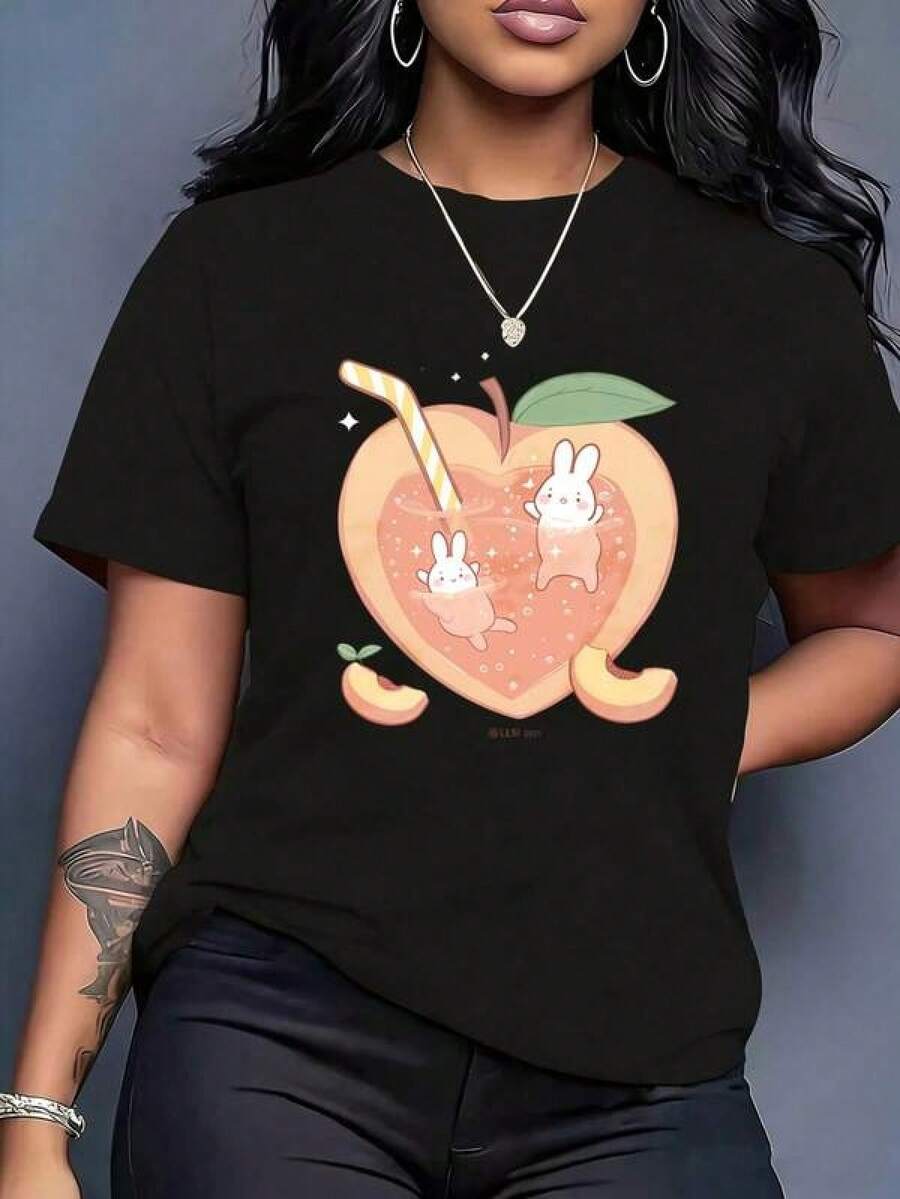 Camiseta de Cuello Redondo con Estampado Divertido de Conejito y Bebida de Melocotón para Mujer, Moda Casual de Manga Corta, Camiseta Gráfica Negra de Verano, Ideal para Regalos de Vacaciones - Negro - Ver 1
