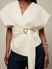 Women's Summer Blouse, Casual/Office Style, Minimalist, Solid Color, With Crossover Neckline, Batwing Sleeves, Metal Buckle And Gathered Waist - 黑色 - 查看 1