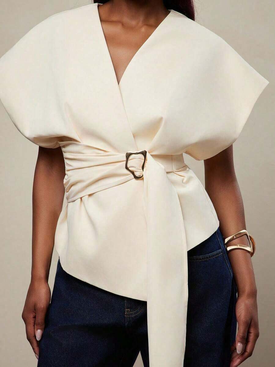 Women's Summer Blouse, Casual/Office Style, Minimalist, Solid Color, With Crossover Neckline, Batwing Sleeves, Metal Buckle And Gathered Waist - 黑色 - 查看 1