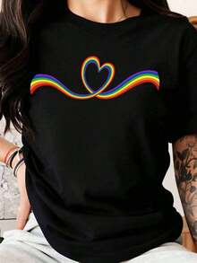 Women's T-Shirt With Rainbow Heart Design, White T-Shirt For Pride And Love Celebration, Unisex Casual Clothing In Support Of The Gay, Lesbian, Bisexual And Transgender Community, Awareness And Inclusion Event, Party Gift - 黑色 - 查看 1