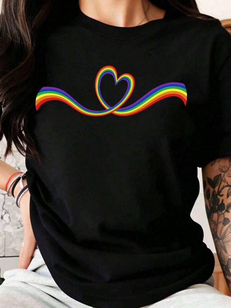 Women's T-Shirt With Rainbow Heart Design, White T-Shirt For Pride And Love Celebration, Unisex Casual Clothing In Support Of The Gay, Lesbian, Bisexual And Transgender Community, Awareness And Inclusion Event, Party Gift - 黑色 - 查看 1