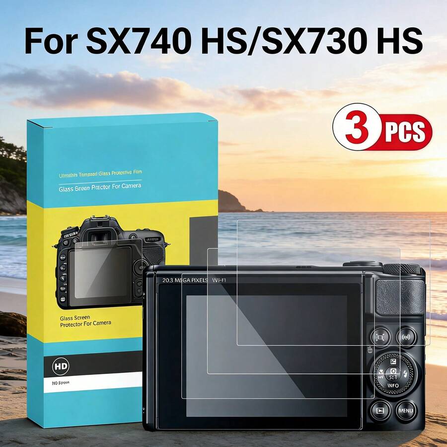 适用于 PowerShot SX740 HS/SX730 HS 相机的 3 片装屏幕保护膜，0.3mm 高清 9H 硬度光学液晶优质玻璃材质，防刮擦，超薄贴合，触控灵敏