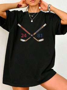 1 Piece New Summer 2026 Collection, Women's Short Sleeve Crew Neck T-Shirt With Ice Hockey Print, Sizes: S–7XL | Ships In 24 Hours 180g 100% Cotton - 黑色 - 查看 8