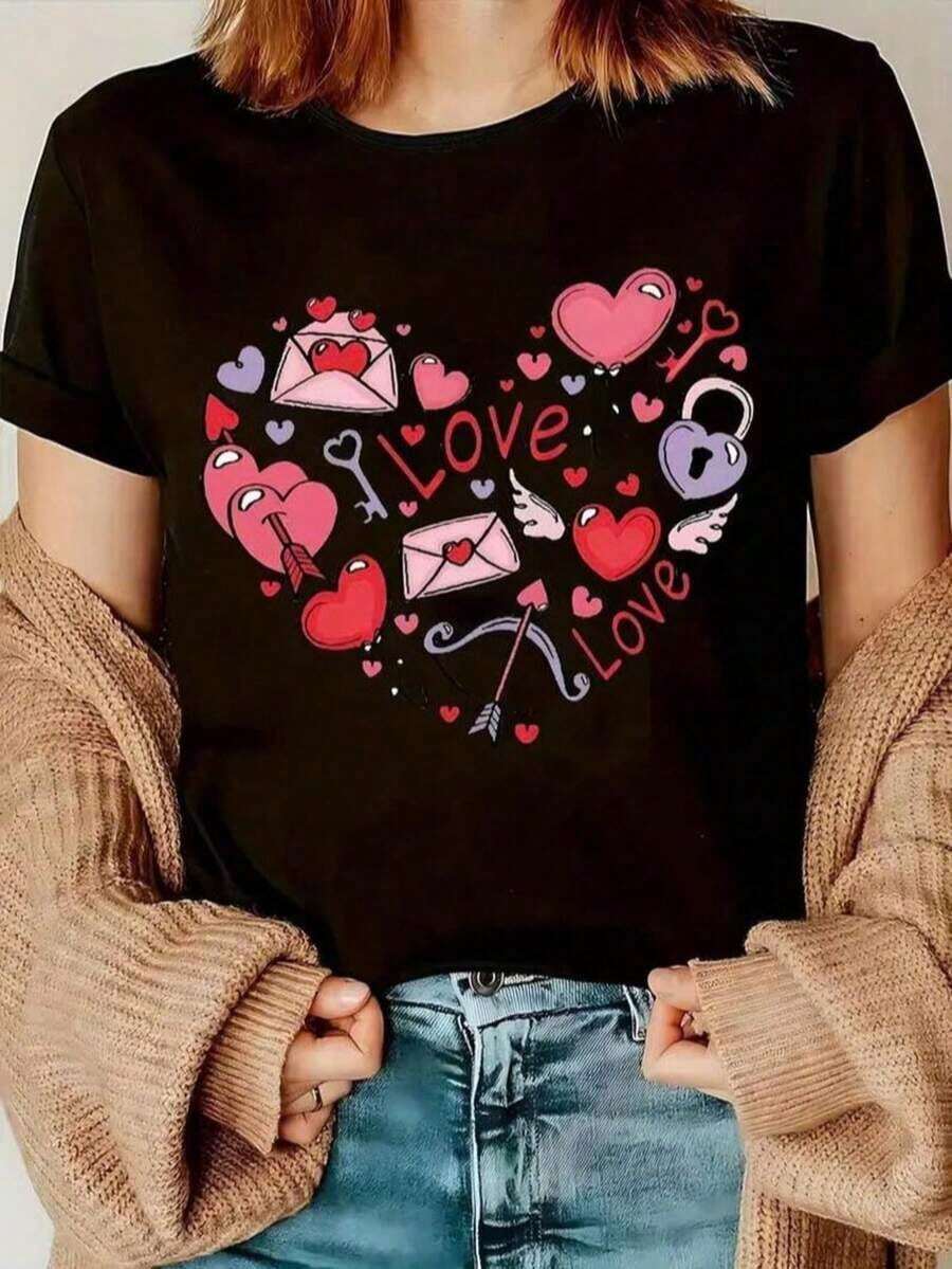 1 Piece Women's Love Print T-Shirt, Valentine's Day Print T-Shirt, Pink Heart T-Shirt, Love T-Shirt For Women, 180g, 100% Cotton - 黑色 14 - 查看 1