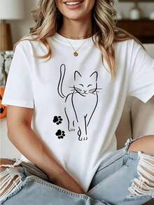 Casual Women s Knitted Fabric Short Sleeve Round Neck Regular Length T-Shirt with Butterfly Print - Blanco - Ver 1