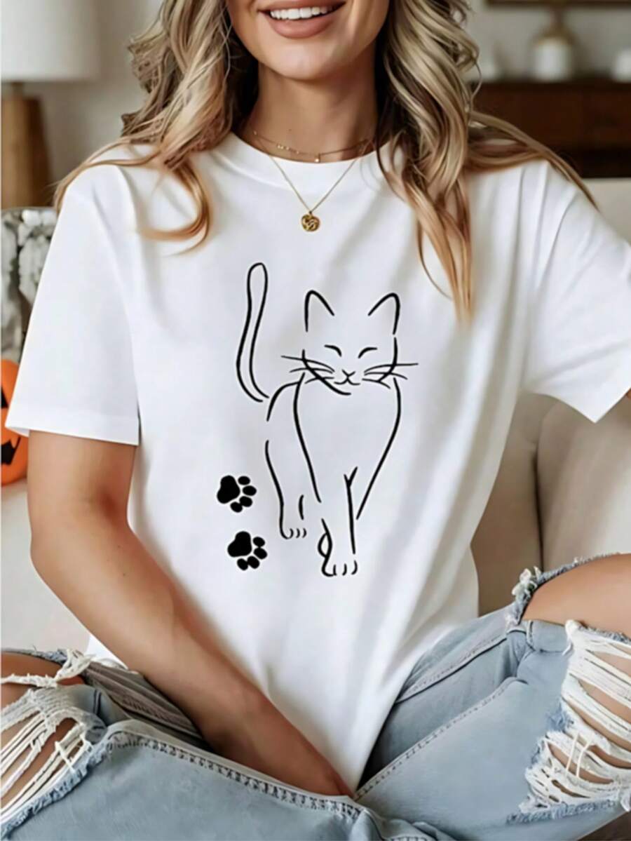 Casual Women s Knitted Fabric Short Sleeve Round Neck Regular Length T-Shirt with Butterfly Print - Blanco - Ver 1