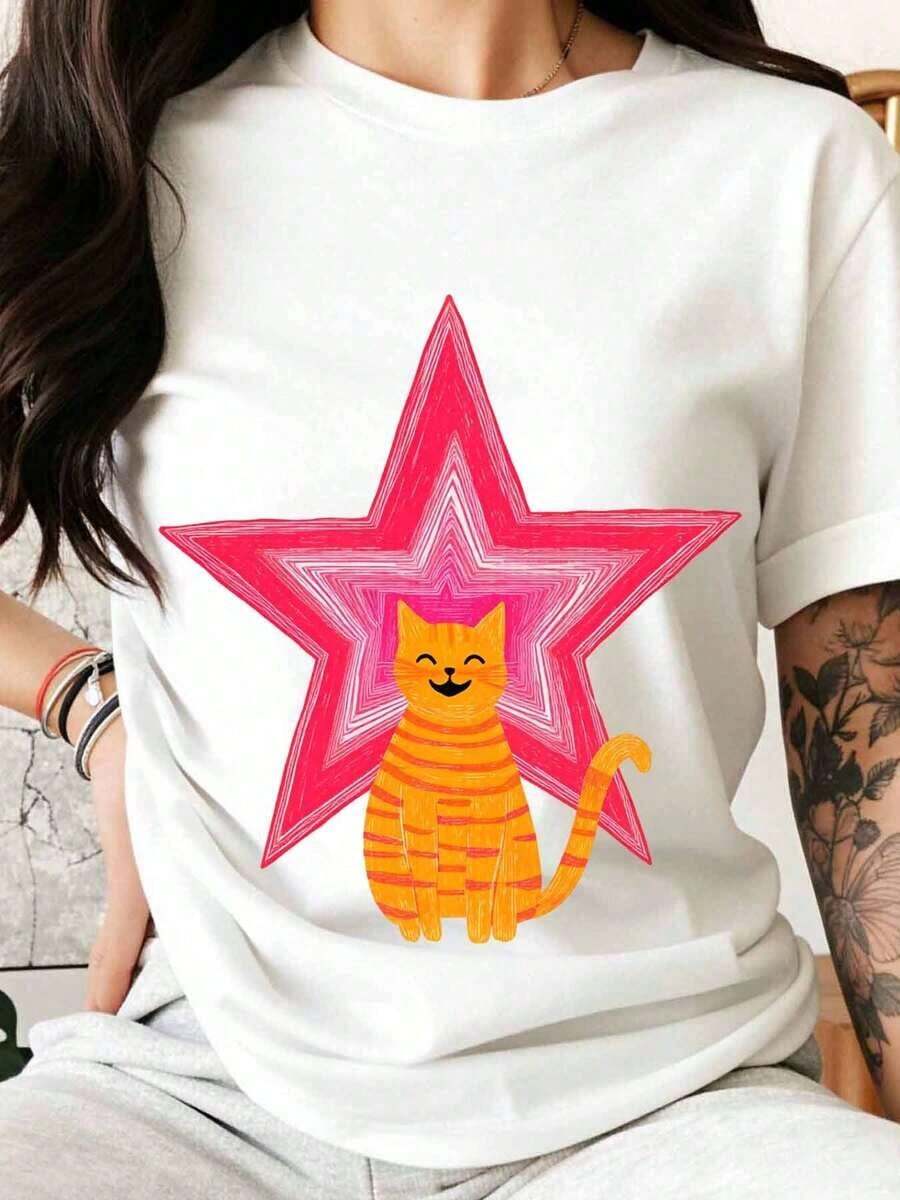 Camiseta Blanca con Diseño de Gato Lindo y Estrella Rosa para Mujer, Ropa Casual de Verano, Divertida Camiseta con Gráfico de Animal, Regalo para Amantes de los Gatos, 100% Algodón Puro, Camiseta para Mujer - Blanco - Ver 1
