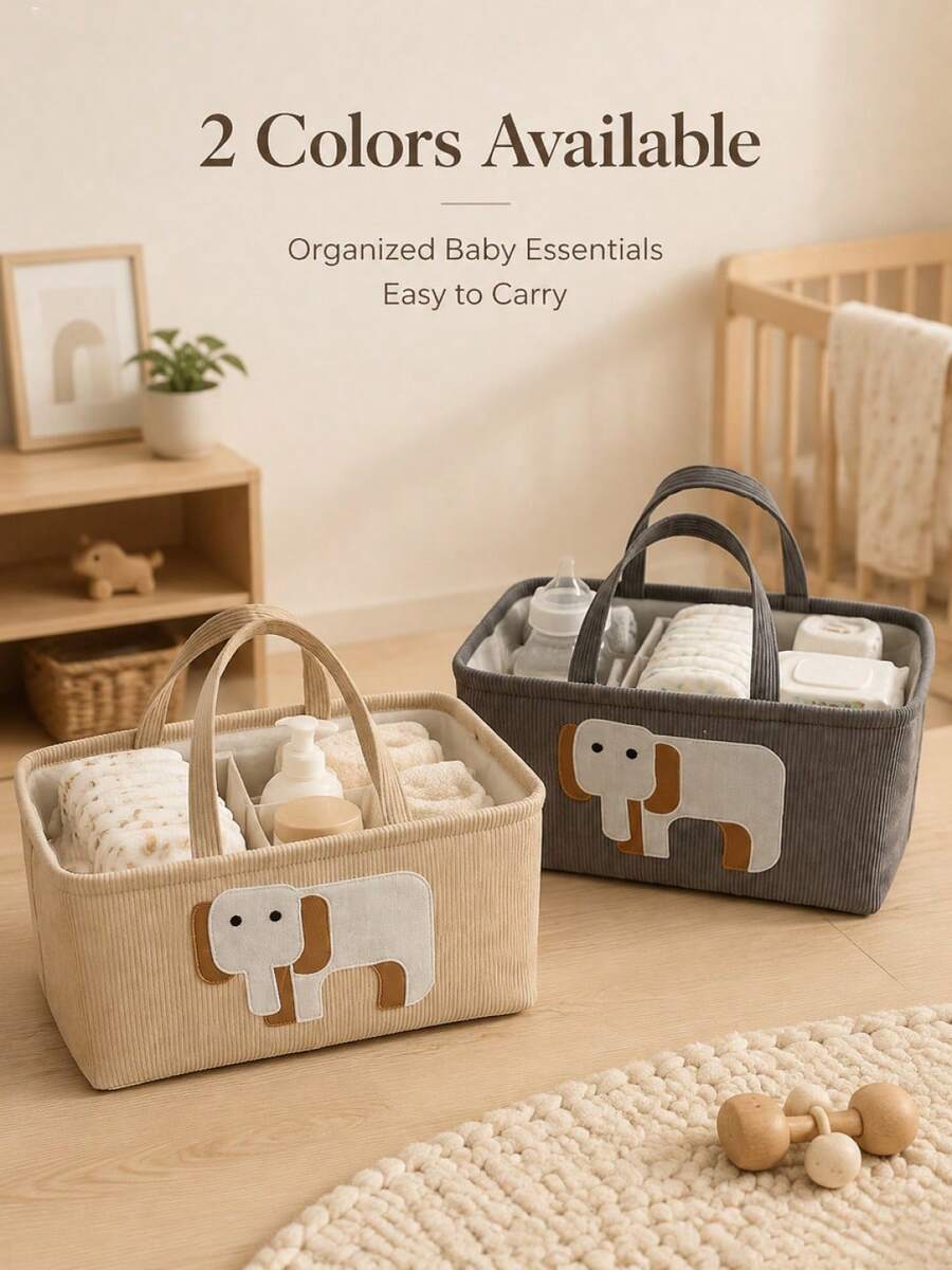 1 pieza Carro de pañales y almacenamiento multifuncional con lindo diseño de elefante - Cesta de almacenamiento de tela suave para habitación de bebé con estampado de animales adorables, diseño ahorra espacio, adecuado para mesa cambiadora, estante de pañales y accesorios, duradero y fácil de limpiar, plegable, diseño divertido - Multicolor - Ver 1