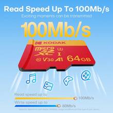 Kodak 32GB C10 Micro SD卡 64GB 128GB 高速 100MB/S U3 V30 Class10 Micro SD卡 256GB 512GB 附轉接卡 Mini TF卡 用於相機電腦手機 - 查看 8