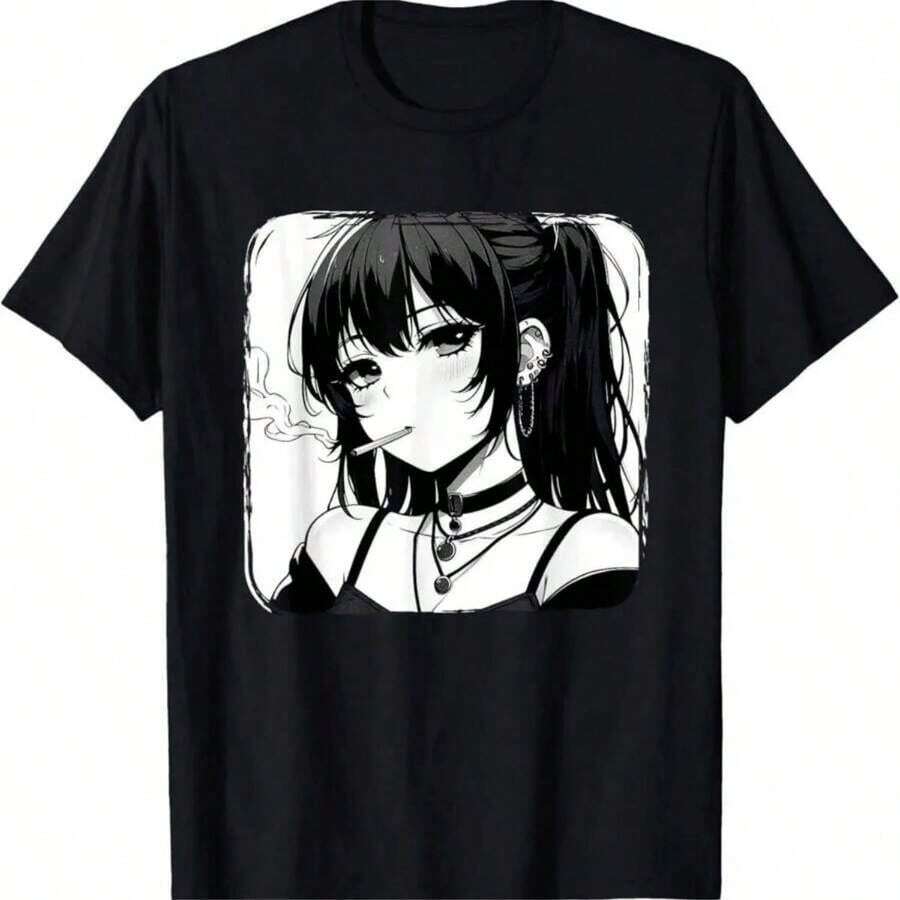 1 Piece Short Sleeve T-Shirt With Pastel Anime Cat Girl Print, Round Neck, Casual Style, Plus Size, Business Casual Wear, Cute Character Design, Y2K Inspired, Regular Fit, Suitable For All Seasons, Tumble Dry, 180g, 100% Cotton. | Exquisite Design | Loose And Comfortable | Easy To Match | - 8 - 查看 1