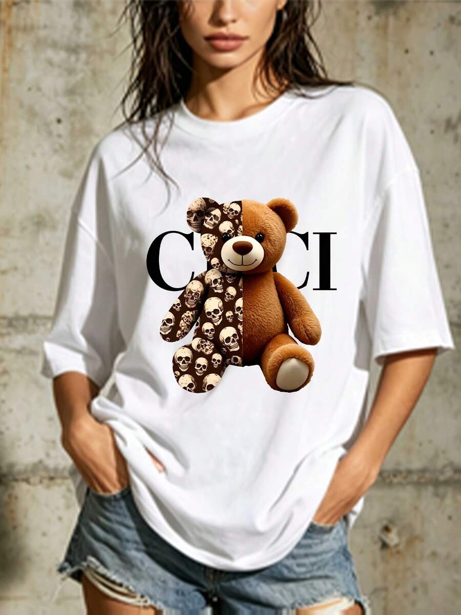 Fashionable 180g Skull Bear T-Shirt, Suitable For Family Gatherings And As A Gift, Perfect For Company Team-Building Activities, TV Show Theme Parties, Halloween, Christmas, Lightweight And Comfortable, Unisex. 7PUW - 白色 - 查看 1