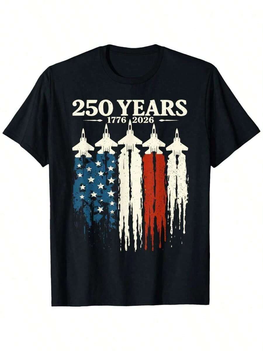 1 pieza Camiseta Vintage con la Bandera de Estados Unidos, 250 Años, 1776-2026, 250º Aniversario de la Creación de la Nación de EE. UU. |   Camiseta Unisex de Corte Cómodo, Cuello Redondo, Ultra Suave, Transpirable, Absorbe la Humedad, Camiseta Casual de Verano, Camiseta de Moda Imprescindible, 180g Algodón 100% - Negro - Ver 1
