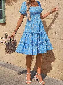 Unity Vestido con estampado floral de manga farol con fruncido bajo a capas - Azul - Ver 4