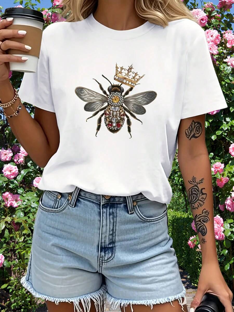 Limited Time Offer, Limited Quantities, Flash ! Women's Casual Shirts, Women's Polyester T-Shirts, Elegant Shirts. Elegant Women's T-Shirts: Comfortable And Skin-Friendly. Crown And Insect Print. - 白色 - 查看 1