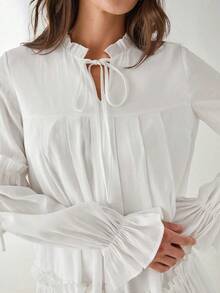Vestido casual con volantes negros de escote corazón, romántico para mujeres en primavera/invierno. Atuendo dulce y elegante para el Día de San Valentín, fiesta de Navidad, Año Nuevo, cumpleaños, vacaciones, cita y uso diario - Blanco - Ver 3