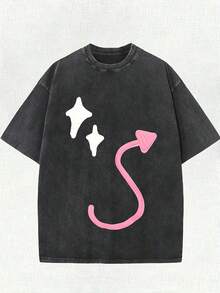 Camiseta de Algodón Grueso de 220g para Hombre y Mujer con Diseño de Estrellas y Flechas - Diseño estampado de ropa urbana, patrón de estrellas blancas y flechas rosas, corte holgado en forma de H, cuello redondo, manga corta, adecuada para uso casual de verano, tela suave, estilo urbano, moda urbana, material transpirable, estilo urbano. - Negro - Ver 1