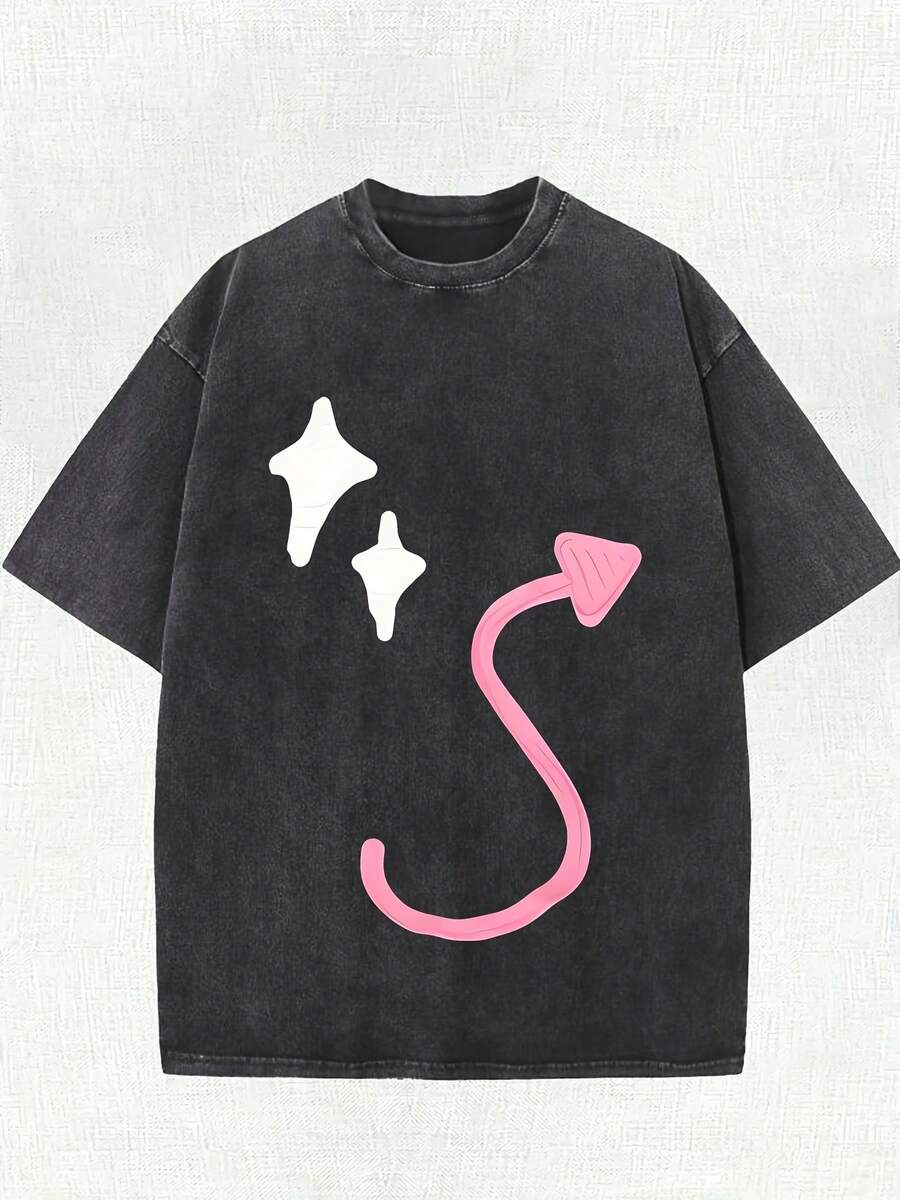Camiseta de Algodón Grueso de 220g para Hombre y Mujer con Diseño de Estrellas y Flechas - Diseño estampado de ropa urbana, patrón de estrellas blancas y flechas rosas, corte holgado en forma de H, cuello redondo, manga corta, adecuada para uso casual de verano, tela suave, estilo urbano, moda urbana, material transpirable, estilo urbano. - Negro - Ver 1