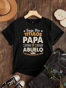 Camiseta de Mujer 2026 Casual con Cuello Redondo y Manga Corta, Opciones en Blanco y Negro, Estampado Gráfico con Texto en Español 'Tengo Dos Títulos: Papá y Abuelo', Camisetas para Uso Diario, Tops de Verano, Camisetas Gráficas, Conjuntos de Verano, Camisetas Cortas para Mujer, Blusas para Mujer Casuales - Negro - Ver 3