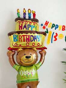 1pc Happy Birthday Party Balloon, Cute Bear Holding Cake Foil Balloon, Suitable For Birthday Party Decoration - Bear Holding Cake - View 7