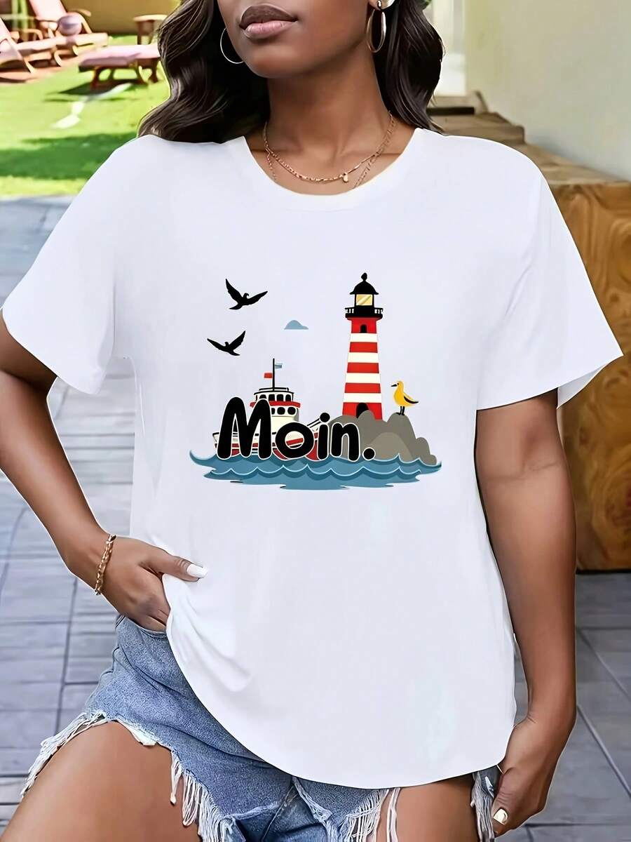 SimpieAndVersatileDesign Women's T-Shirt With Lighthouse And Ocean View Design - Casual Crew Neck, Short Sleeves, Comfortable Fit, Suitable For All Seasons, Geometric Design, Lightweight And Breathable, Ideal For Casual Wear, All-Season Top. | Ocean-Themed T-Shirt | Comfortable Fit Cotton T-Shirt - 白色 - 查看 1