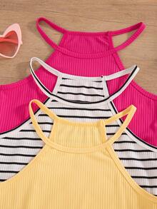 Conjunto de 3 piezas para niñas preadolescentes: Vestido sin mangas con cuello halter ajustado y cómodo, con diseño acanalado y liso, para la vuelta al colegio - Amarillo - Ver 8