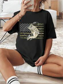 Camiseta de moda femenina de verano de manga corta camiseta de moda casual al aire libre 'pescado' estampado camiseta casual femenina suelta - Negro - Ver 2