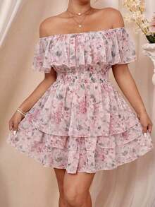 Vestido de talla grande con hombros descubiertos, con estampado floral romántico y diseño en capas tipo tarta - Rosa - Ver 8