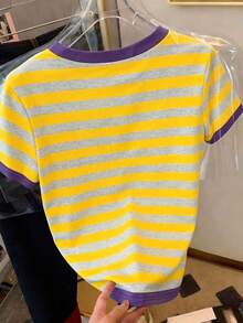 Camiseta de mujer de manga corta con cuello redondo y rayas, casual de verano - Multicolor - Ver 2