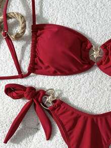 Swim Mod Conjunto de bikini sexy con decoración de estrella de mar metálica, unicolor, con lazos ajustables a los lados para mujer - Rojo - Ver 4