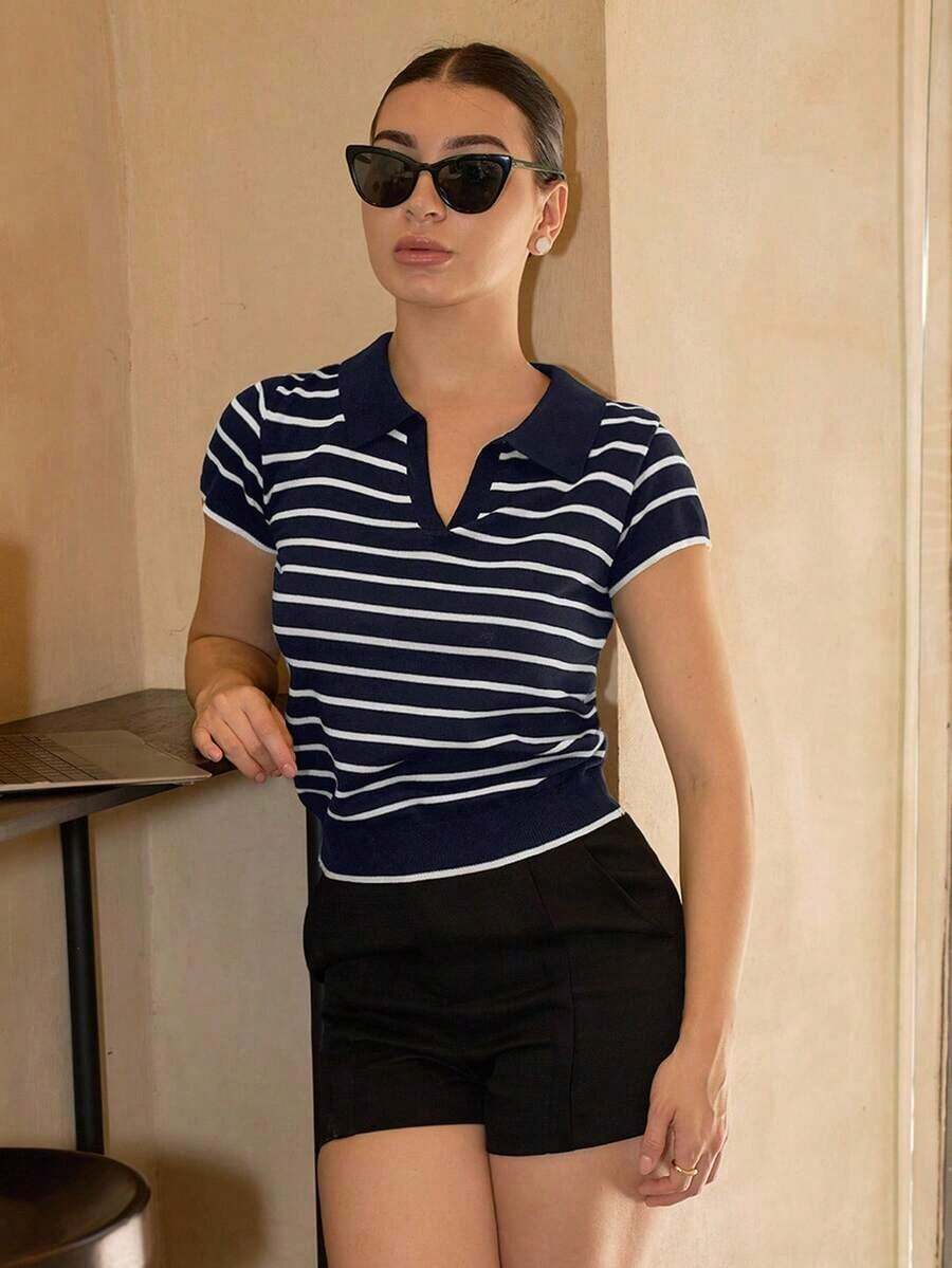 de manga corta con cuello y rayas para mujer - Azul marino - Ver 1