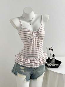 Camiseta ajustada con pliegues en el busto a rayas rosas para el verano - Rosa 2 - Ver 5