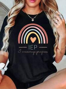 Cotton T-Shirt % Cotton With Round Neck And Print I Encourage Progress Special Education IEP School Teacher For Summer. Soft Short Sleeve T-Shirt For Women. Stylish And Comfortable Graphic T-Shirt. - 黑色 - 查看 1