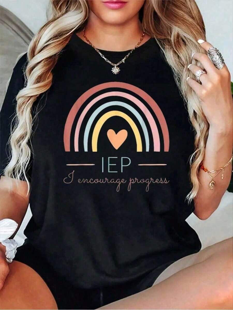 Cotton T-Shirt % Cotton With Round Neck And Print I Encourage Progress Special Education IEP School Teacher For Summer. Soft Short Sleeve T-Shirt For Women. Stylish And Comfortable Graphic T-Shirt. - 黑色 - 查看 1