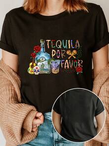 Playera de cuello redondo con estampado de Tequila, blusa casual de manga corta para verano y primavera, ropa de mujer - Negro - Ver 2