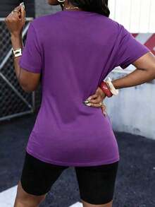 2 piezas Conjunto de top de cuello redondo morado con decoración de lazo y shorts negros para mujer - Multicolor 5 - Ver 2