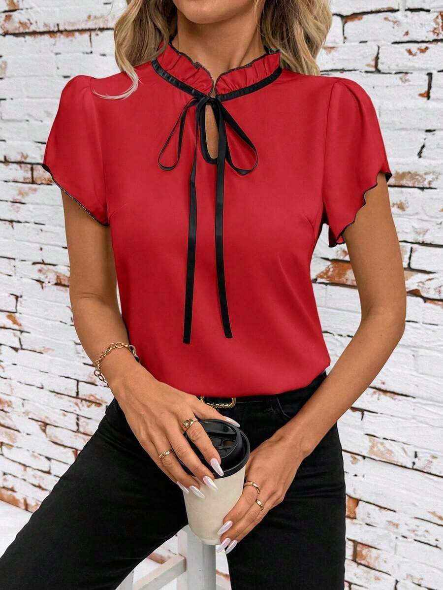 Camisa de mujer de manga corta, con lazo, volantes, a cuadros, elegante y casual para vacaciones y picnic, primavera/verano - Rojo - Ver 1