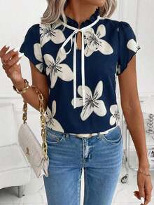 Camisa de mujer de manga corta, con lazo, volantes, a cuadros, elegante y casual para vacaciones y picnic, primavera/verano - Azul marino 2 - Ver 6
