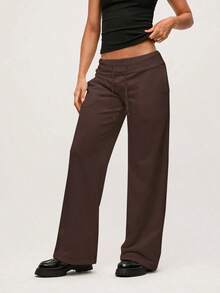 Pantalón de chándal de pierna ancha y cintura baja de unicolor de punto para mujer - Marrón - Ver 1