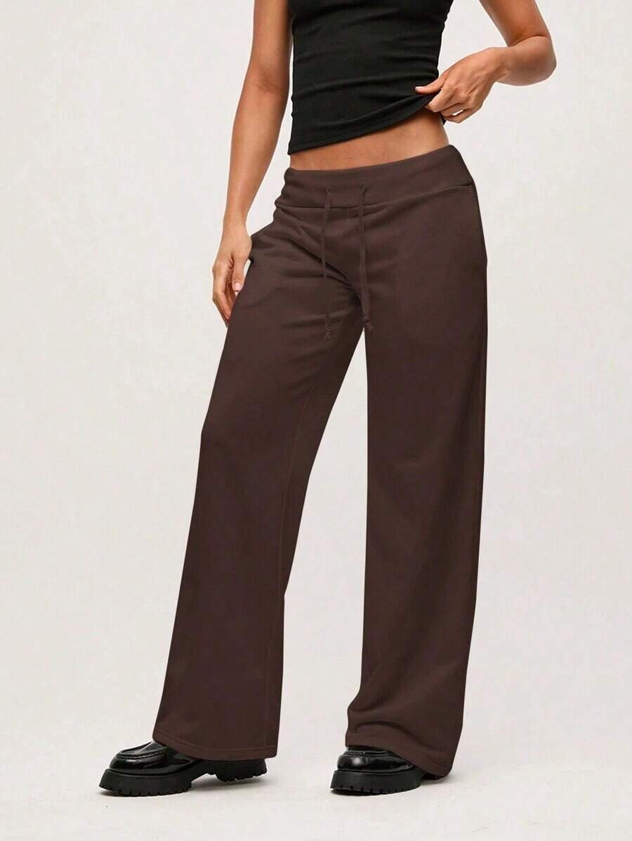 Pantalón de chándal de pierna ancha y cintura baja de unicolor de punto para mujer - Marrón - Ver 1