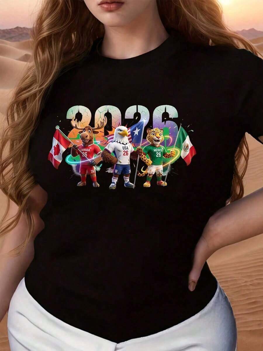 Camiseta Casual de Mujer con Diseño de Mascotas de Equipos de Fútbol para la Copa Mundial 2026, Ropa de Verano, Regalo para Aficionados al Deporte, Camiseta de Talla Grande para Mujer, Camiseta de la Copa Mundial 2026 - Negro - Ver 1