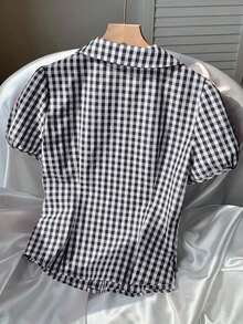Camisa casual de mujer de manga abullonada corta, de solapa única y a cuadros - Negro - Ver 3
